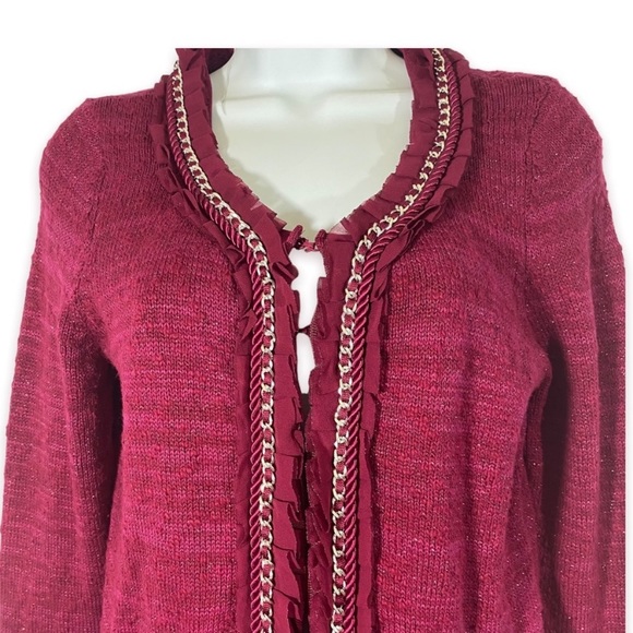 White House Black Market Cardigan Sweater Ruffle Chain Trim Hook And Eye Closure - Picture 3 of 8